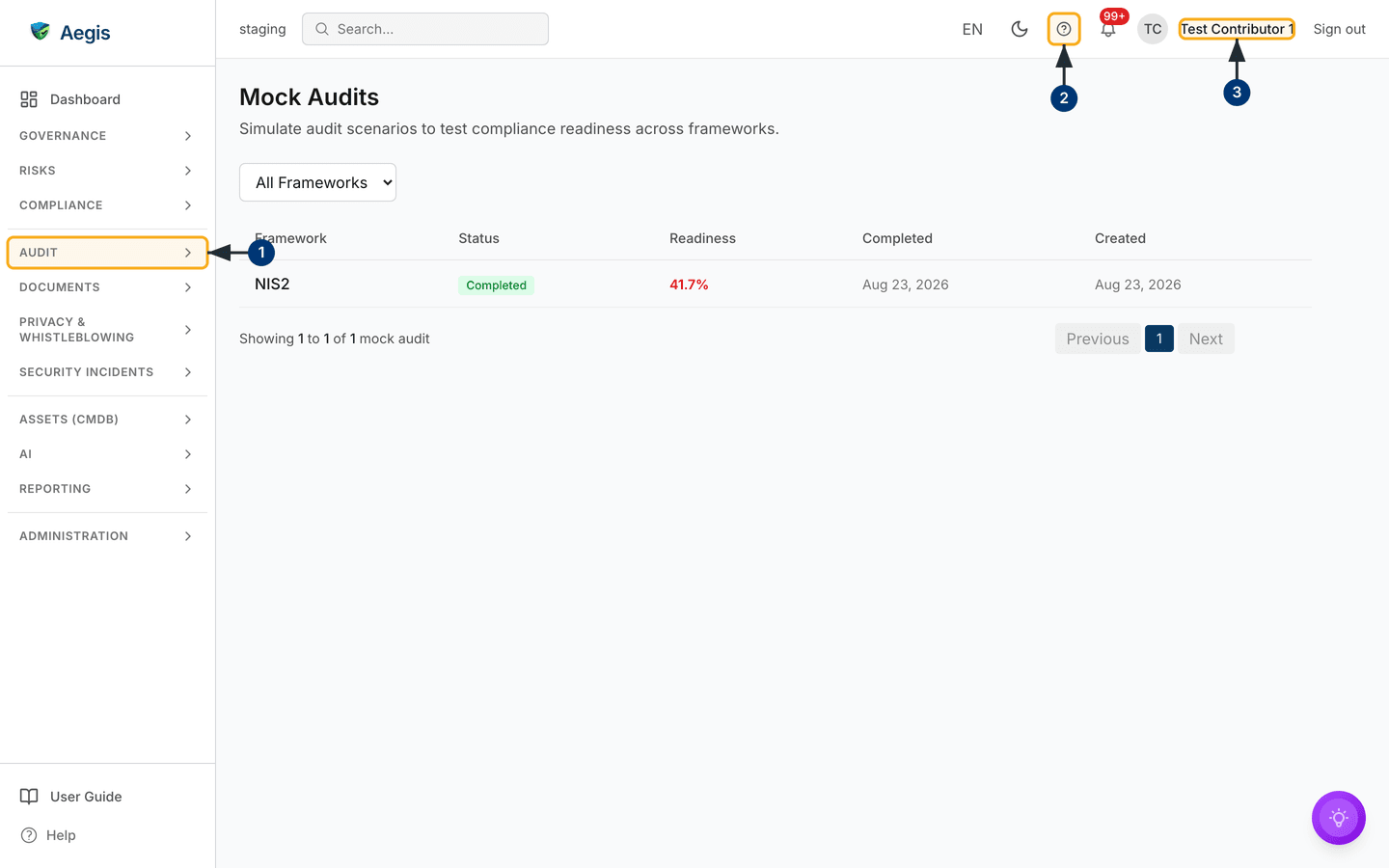 The Mock Audits list in a Contributor session — one completed NIS2 rehearsal, and no Run button, because the role cannot start one — /compliance/mock-audit.