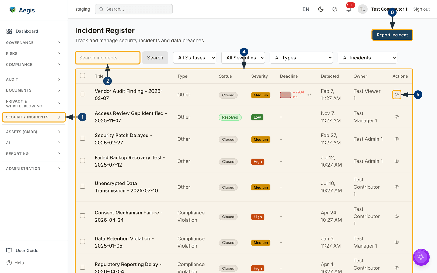 The Incident Register: search and four filters above a table whose Deadline column counts down each outstanding reporting stage — the red NIS2 chip on the top row marks a window that has already passed — /incidents.