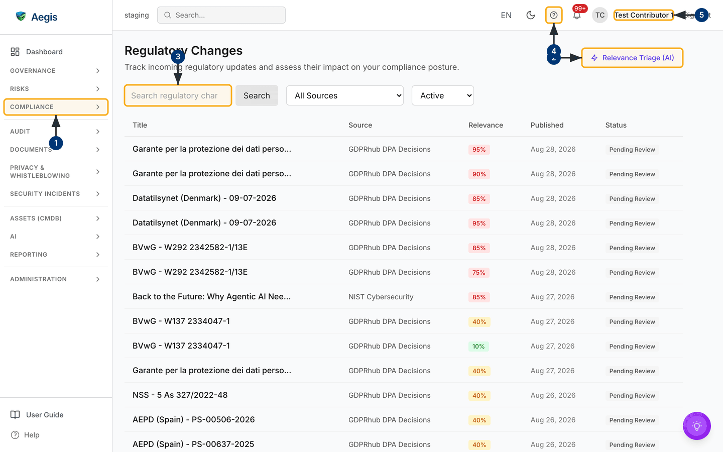 The regulatory changes feed, seen as a Contributor — /regulatory-changes.